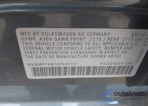 2010 Volkswagen Cc Sport из США, поврежденный, VIN WVWMP7AN7AE549151